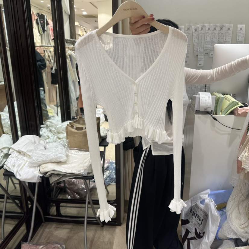THEMORYPARK韓國直郵實拍女士新款時尚針織衫荷葉邊短款開衫THE MORY PARK針織衫