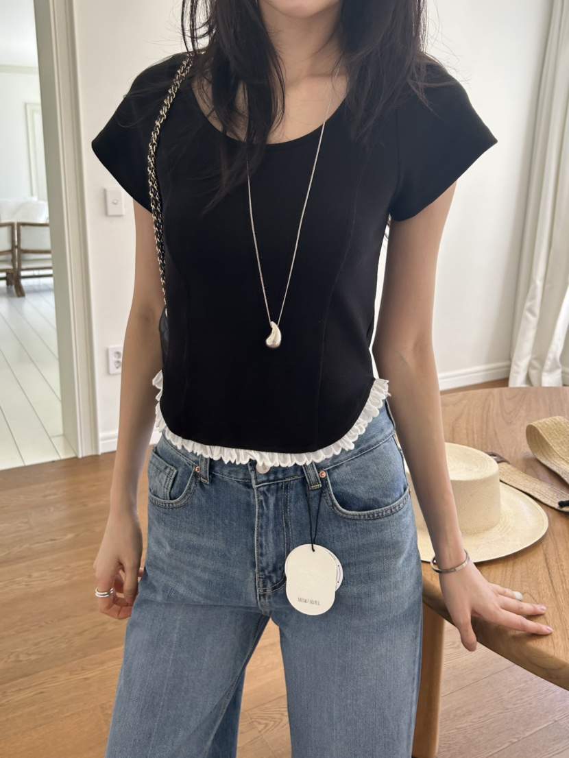 ME MO東大門實拍女士新款休閑時尚人氣26春夏真品T恤蕾絲ME MOT恤