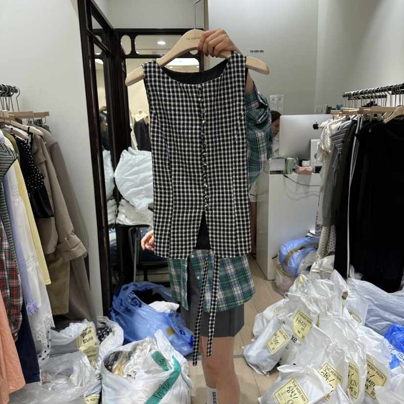 THEMORYPARK韓國直郵實拍女士新款26夏季職業吊帶背心格子THE MORY PARK吊帶/背心