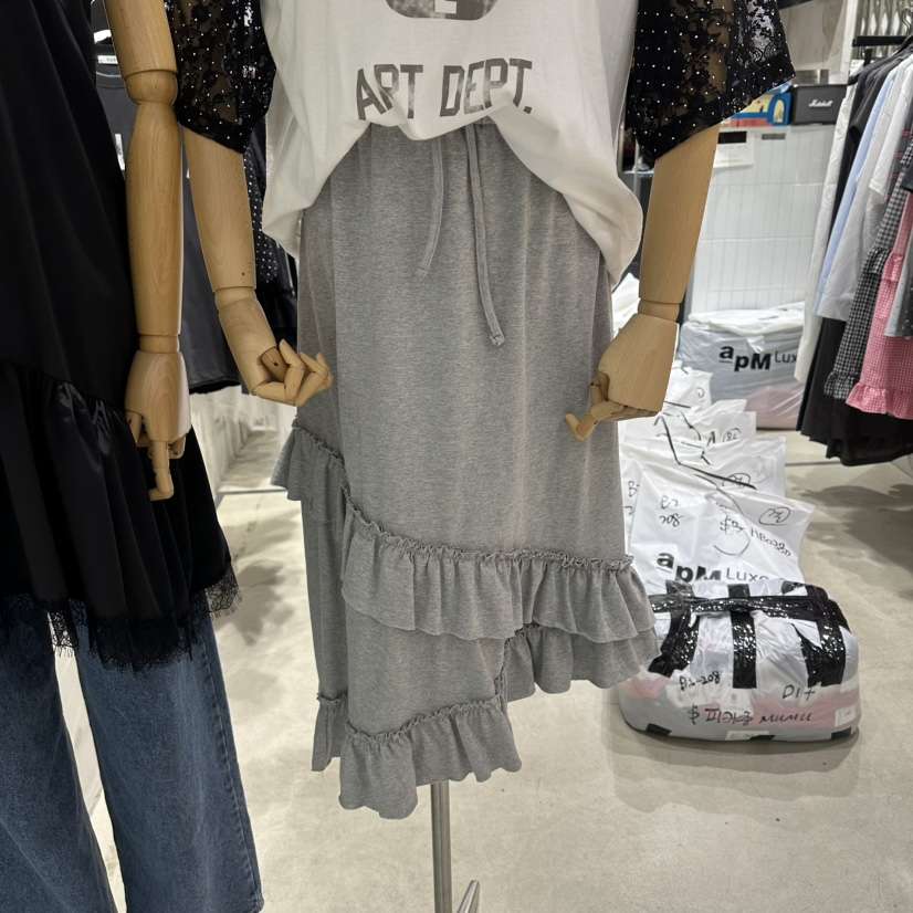 VANTA韓國東大門直郵女裝新款26夏季半身裙中短裙不對稱荷葉邊VANTA半身裙/中短裙