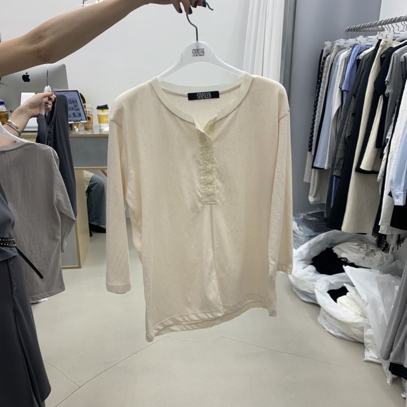 STAINLESS韓國直郵女士新品熱賣26春夏職業長袖T恤亞麻紐扣STAINLESS長袖T恤