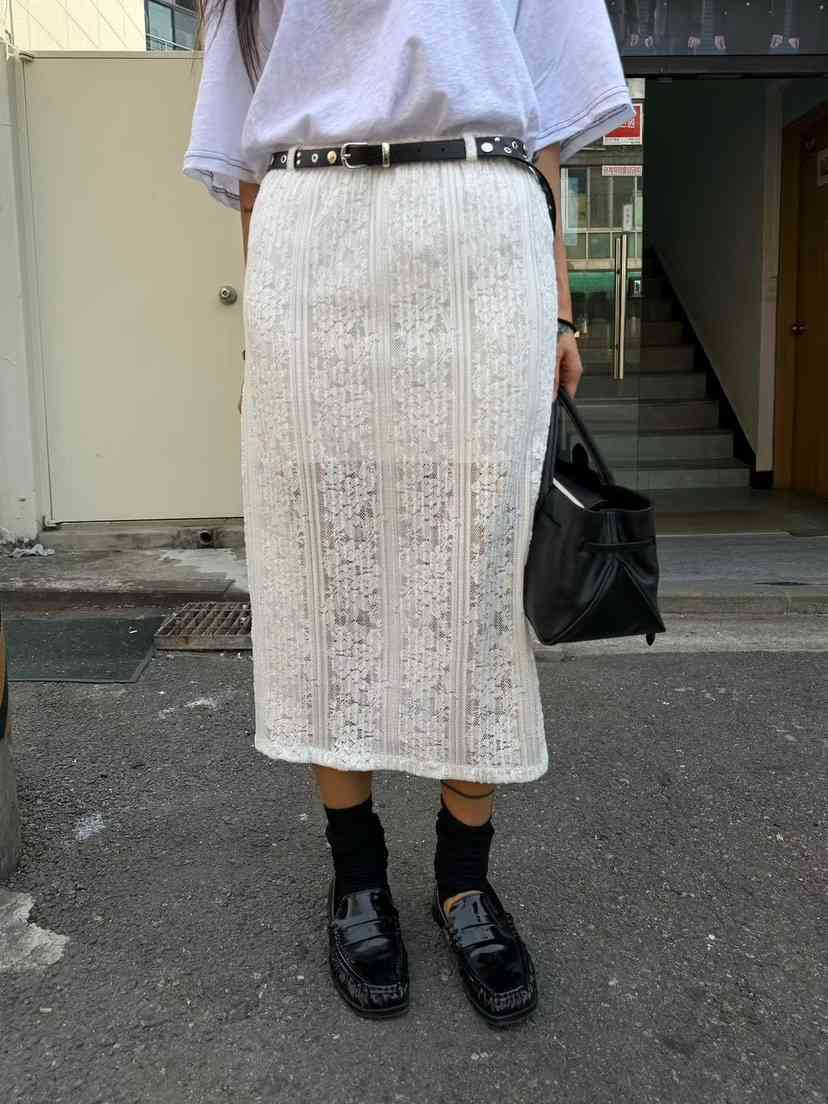 ABBEYLEE韓國東大門代購女裝新品人氣推薦長裙透明蕾絲開衩ABBEYLEE長裙