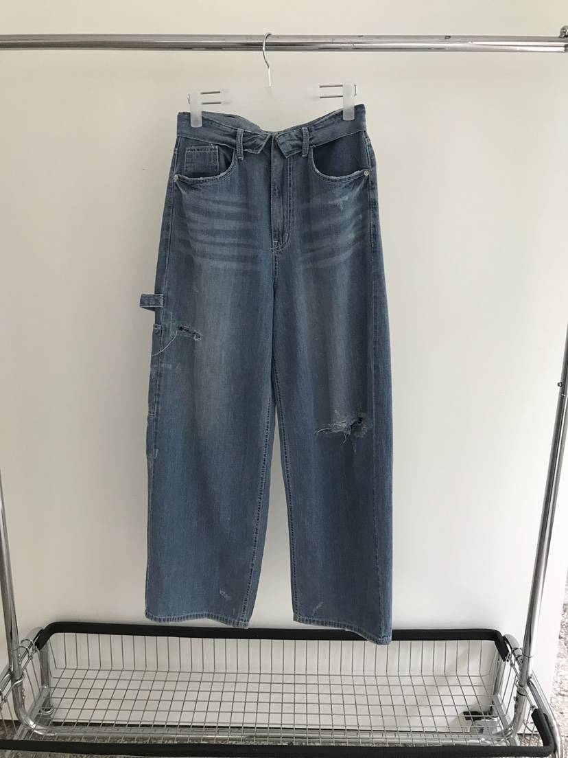 MAINT韓國東大門直郵女裝新款26春夏休閑牛仔褲復古腰帶亞麻MAINT牛仔褲