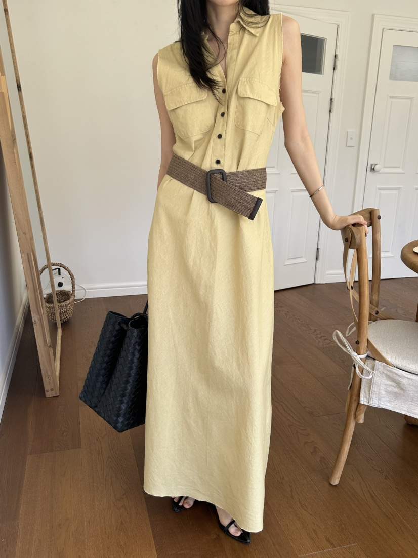 ME MO韓國直郵女士新品26夏季職業連衣裙不含腰帶水洗亞麻ME MO連衣裙