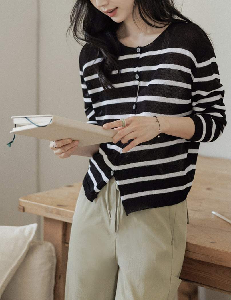 EVERCOMMERCE METICULOUSLY DESIGNED韓國直郵女裝新品人氣針織衫開衫條紋EVERCOMMERCE METICULOUSLY DESIGNED針織衫