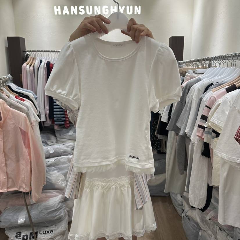 HANSUNGHYUN韓國直郵實拍女裝新品休閑T恤泡泡袖棉質蕾絲HANSUNGHYUNT恤