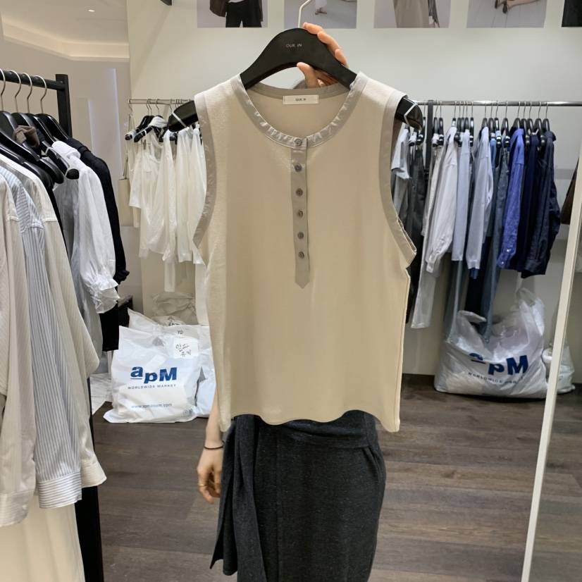 OURIN/THIS IS韓國代購女裝新款休閑職業吊帶背心撞色紐扣OURIN/THIS IS吊帶/背心