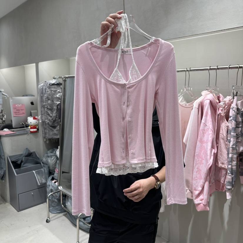 KIKI韓國直郵女士新款26夏季推薦時尚休閑長袖T恤假兩件蕾絲KIKI長袖T恤