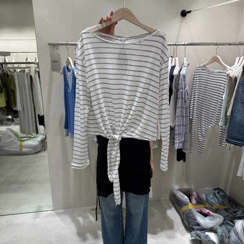 Color B韓國直郵女士新品時尚休閑人氣26夏季長袖T恤絲帶條紋Color B長袖T恤