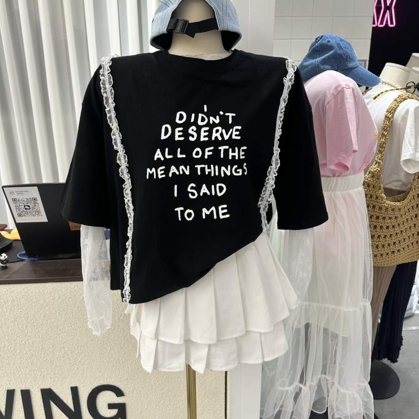 DRAWING韓國直郵實拍女士新品推薦休閑人氣時尚熱賣T恤蕾絲DRAWINGT恤
