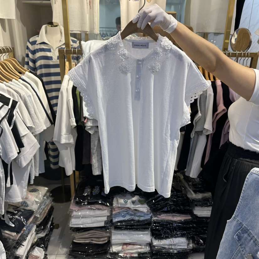 COCO HOLIC韓國直郵實拍女裝新品時尚人氣休閑26夏季T恤蕾絲COCO HOLICT恤
