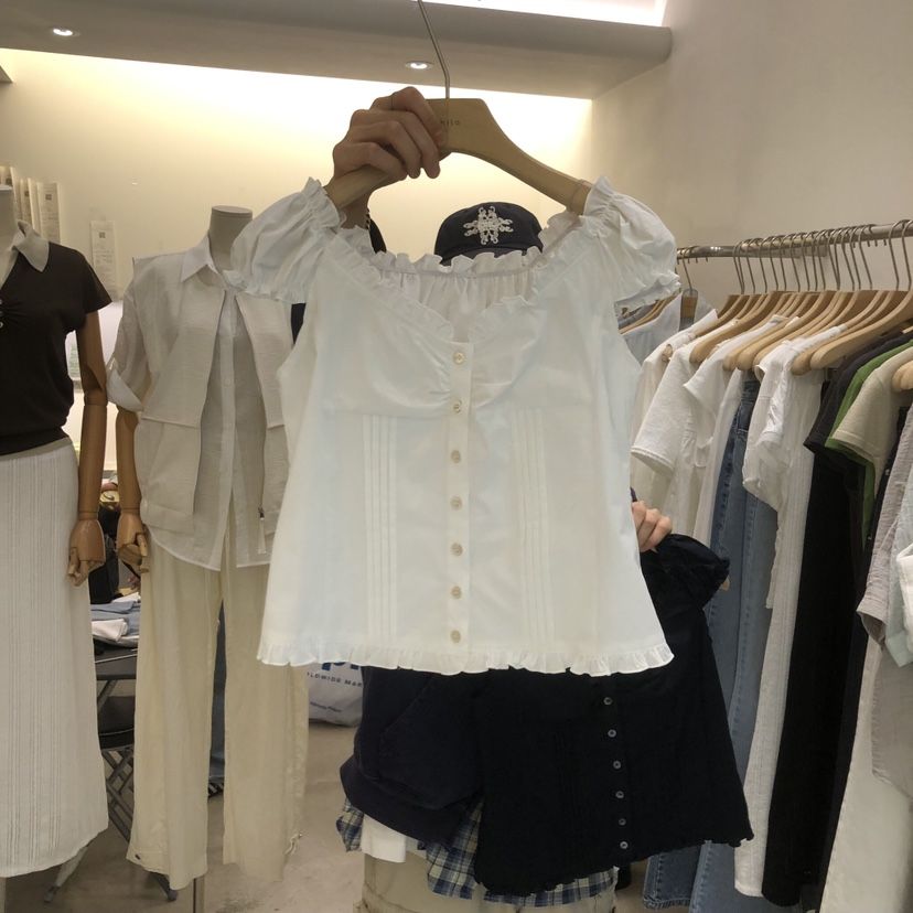PHILO韓國代購女裝新品26春夏熱賣人氣時尚襯衫蕾絲衫褶皺PHILO襯衫/蕾絲衫
