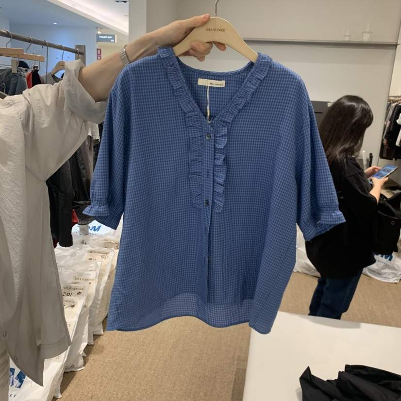 SELF SERVICE韓國直郵女士新款26春夏休閑襯衫蕾絲衫荷葉邊SELF SERVICE襯衫/蕾絲衫
