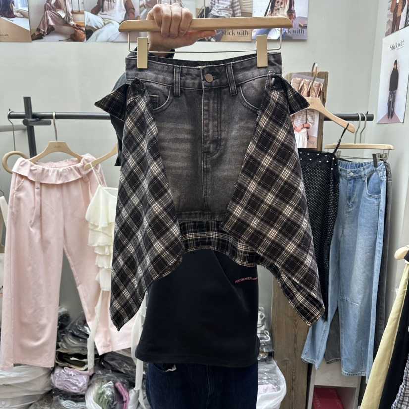 STICK WITH韓國代購女裝新款26春夏人氣推薦短裙可拆卸格子STICK WITH短裙
