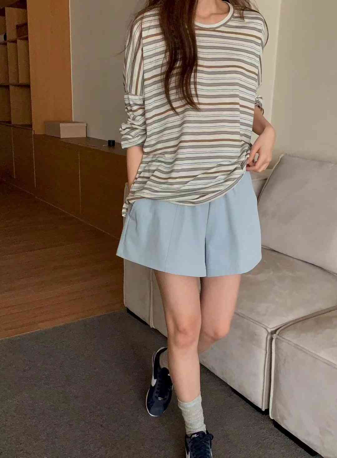 AN STAND韓國直郵實拍女士新品休閑熱賣時尚長袖T恤亞麻布AN STAND-2件起長袖T恤