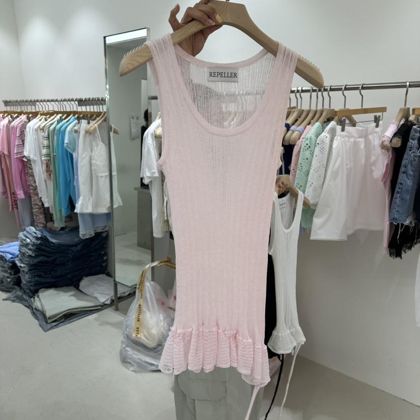 REPELLER韓國直郵女士新品休閑26春夏吊帶背心荷葉邊亞麻REPELLER吊帶/背心