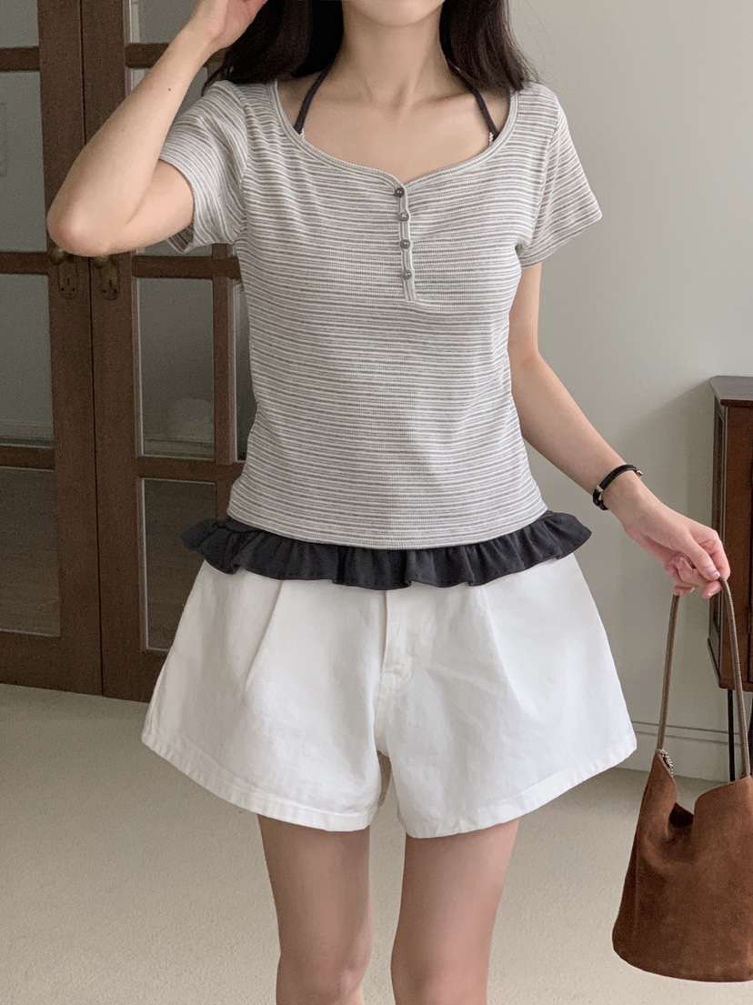 FORMSTUDIO/ATELIENNE東大門實拍韓國女士新品26夏季T恤條紋紐扣FORMSTUDIO/ATELIENNET恤