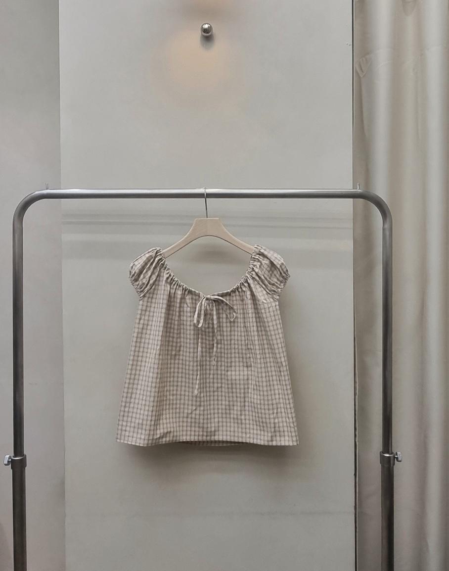 NOTHING東大門實拍韓國女士新品26夏季襯衫蕾絲衫格子露肩NOTHING襯衫/蕾絲衫