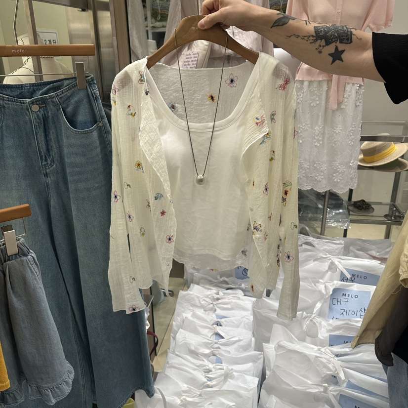 MELO韓國直郵女裝新款推薦熱賣職業襯衫蕾絲衫不含項鏈刺繡MELO襯衫/蕾絲衫
