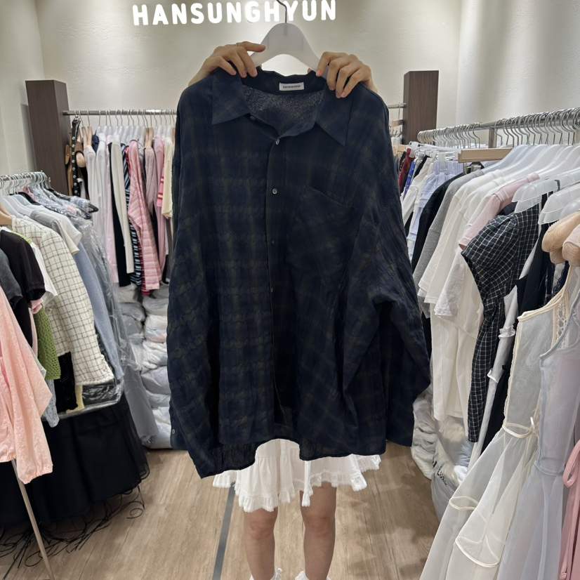 HANSUNGHYUN韓國直郵女士新品26夏季職業襯衫蕾絲衫格子寬松HANSUNGHYUN襯衫/蕾絲衫