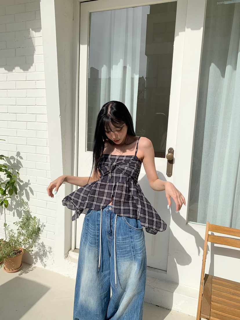 BADCALM韓國代購女士新品時尚人氣26夏季熱賣吊帶背心格子BADCALM吊帶/背心