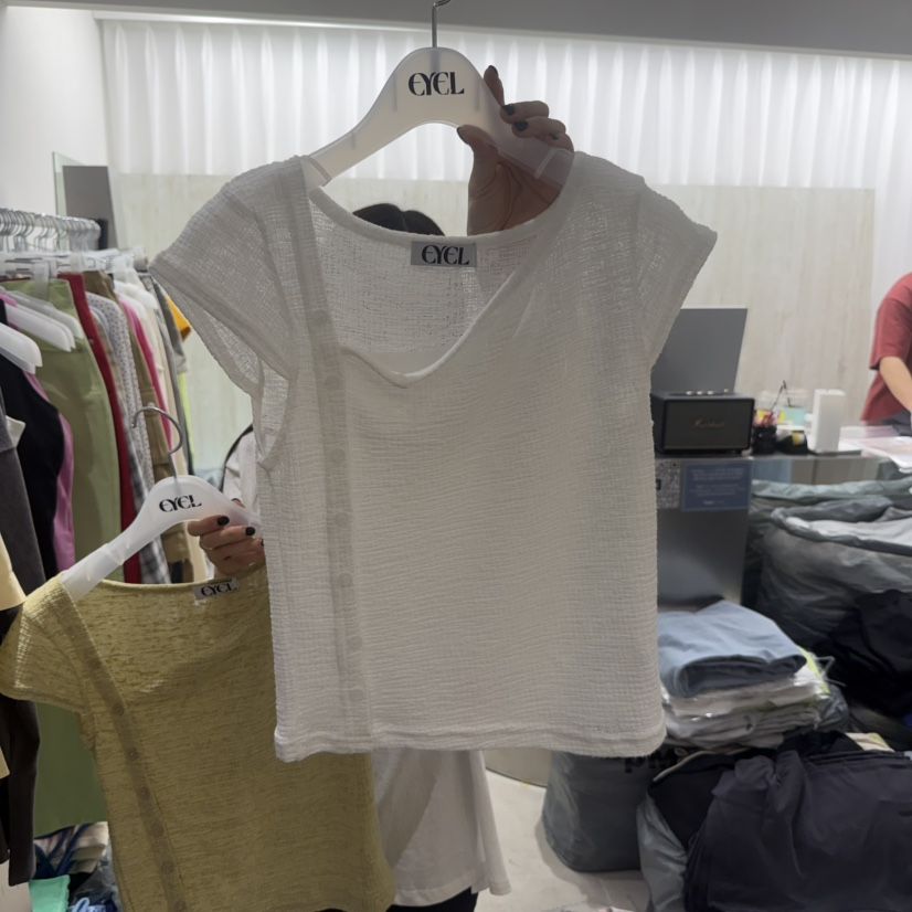 EYEL韓國直郵實拍女裝新款人氣熱賣休閑職業時尚T恤亞麻紐扣EYELT恤