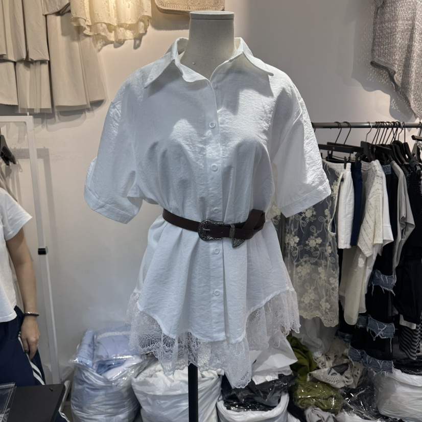 空韓國東大門直郵女裝新品人氣26夏季26春夏襯衫蕾絲衫含腰帶BAKHA襯衫/蕾絲衫