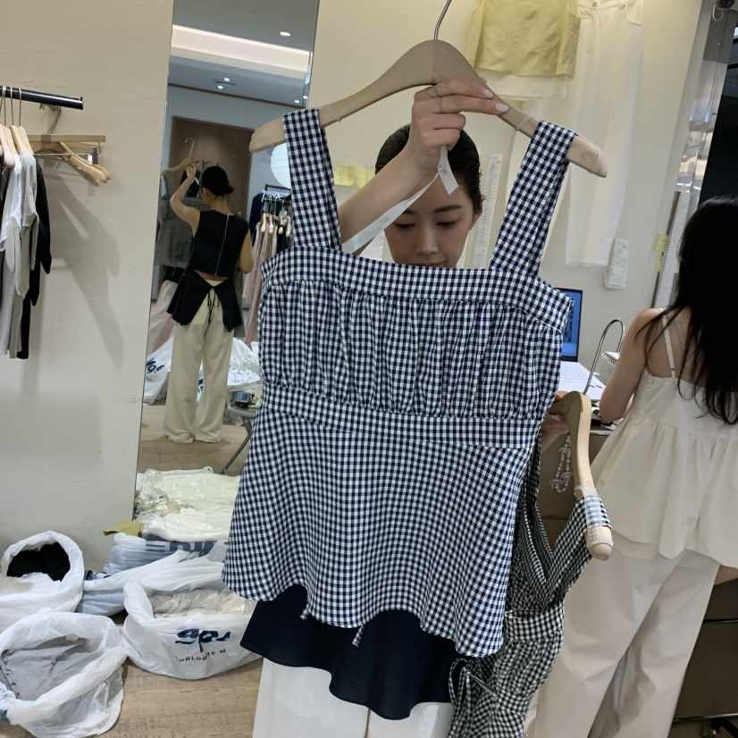 W AND J韓國東大門直郵女裝新款人氣時尚吊帶背心格子無袖W AND J吊帶/背心