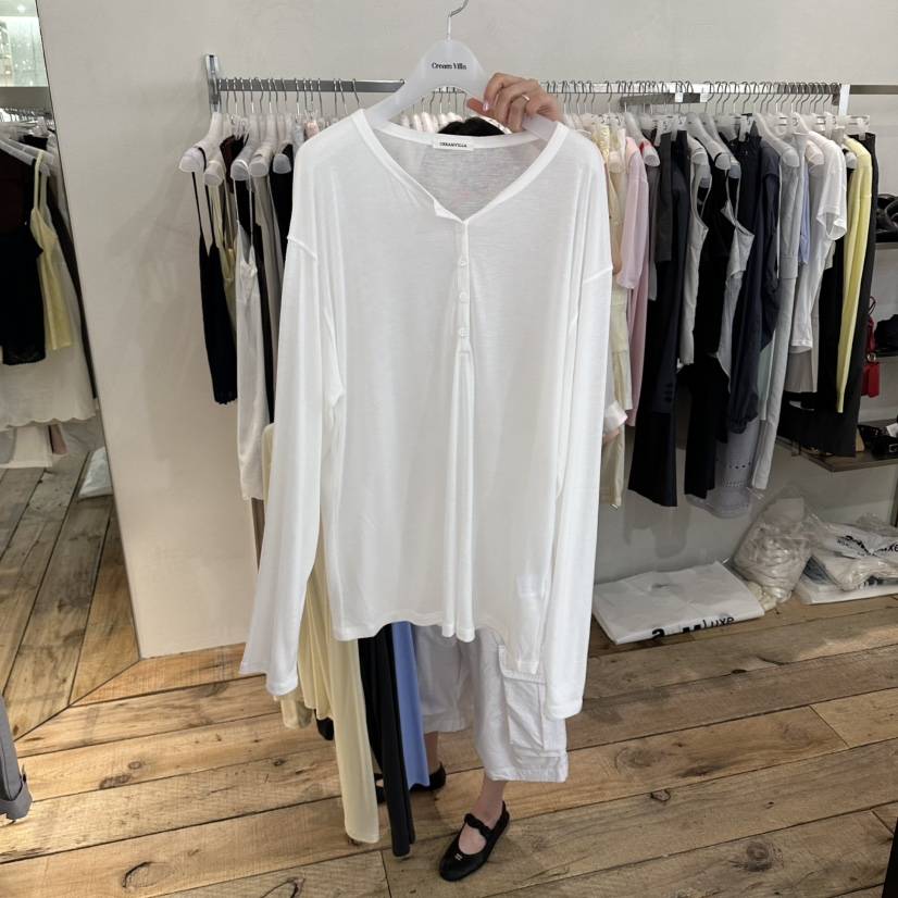 CREAM VILLA韓國直郵女裝新品熱賣長袖T恤紐扣CREAMVILLA長袖T恤