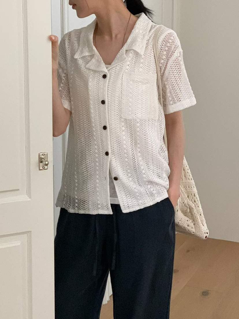BINUS韓國東大門直郵女士新品時尚休閑26春夏襯衫蕾絲衫蕾絲BINUS襯衫/蕾絲衫