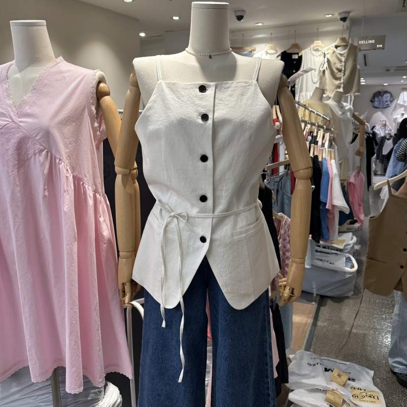 DELLING韓國代購女裝新品時尚人氣26夏季吊帶背心含繩亞麻DELLING吊帶/背心