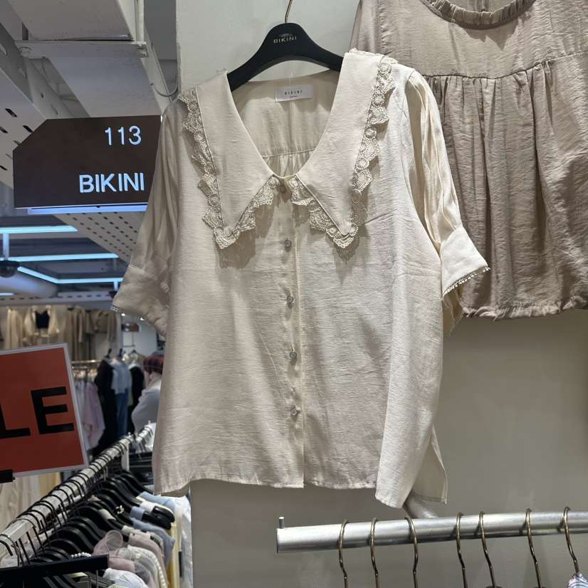 BIKINI韓國東大門代購女士新款推薦時尚襯衫蕾絲衫撞色蕾絲BIKINI襯衫/蕾絲衫