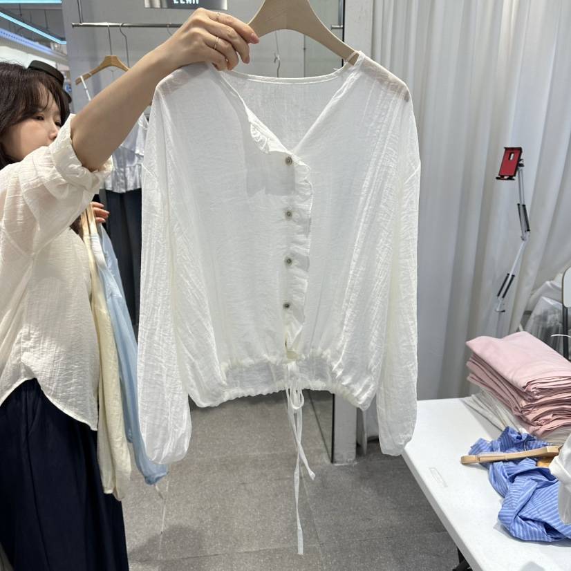 ELAN韓國東大門直郵女士新款26夏季推薦襯衫蕾絲衫褶皺寬松ELAN襯衫/蕾絲衫