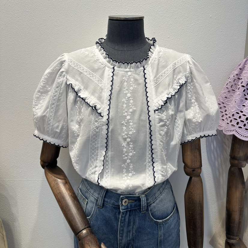 2nd B-S韓國東大門直郵女士新品時尚26夏季襯衫蕾絲衫刺繡2nd B-S襯衫/蕾絲衫