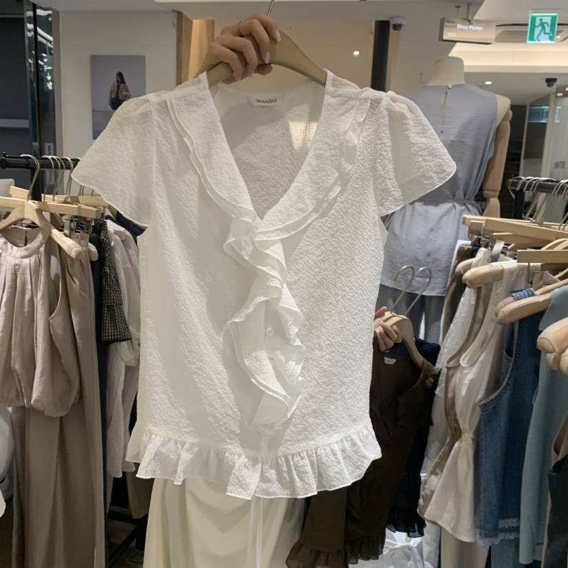 W AND J韓國代購女裝新品職業推薦26夏季襯衫蕾絲衫荷葉邊絨W AND J襯衫/蕾絲衫