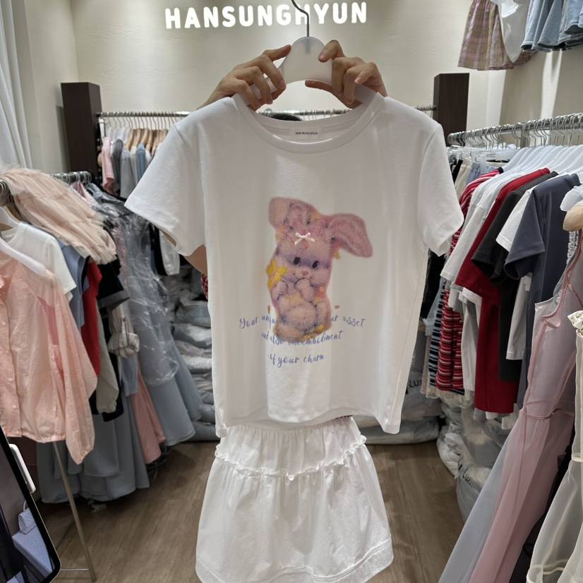 HANSUNGHYUN韓國代購女裝新款26春夏26夏季熱賣T恤兔子絲帶HANSUNGHYUNT恤