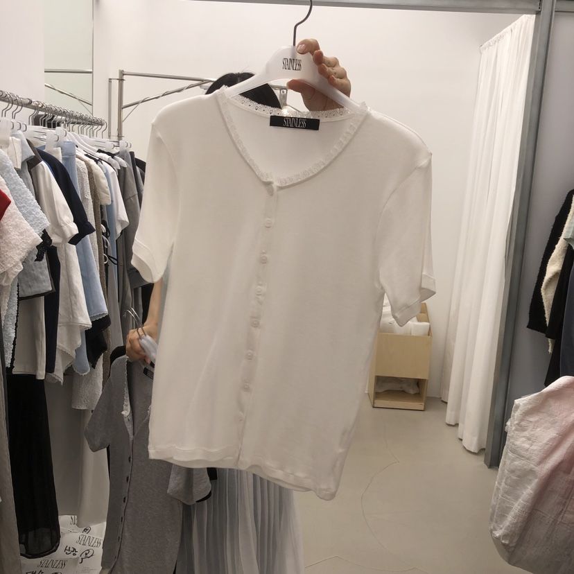 STAINLESS韓國東大門代購女士新品時尚人氣T恤蕾絲開衫羅紋STAINLESST恤