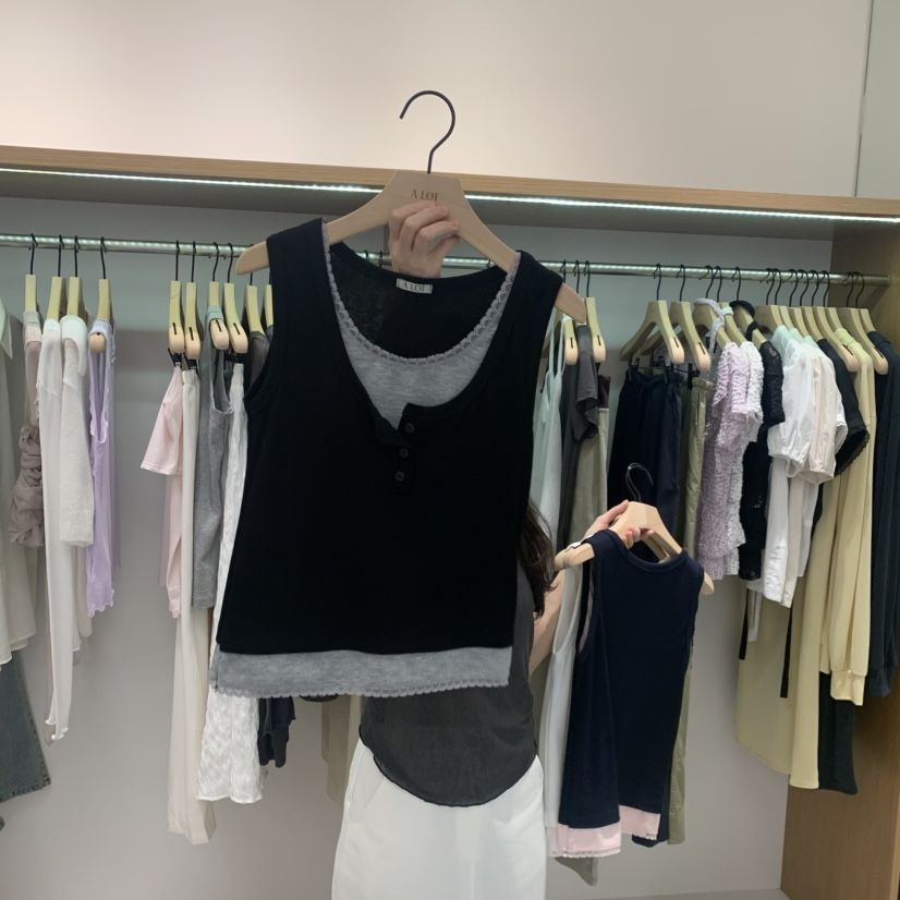 ALOT韓國代購女士新品時尚26春夏26夏季吊帶背心撞色蕾絲A LOT吊帶/背心