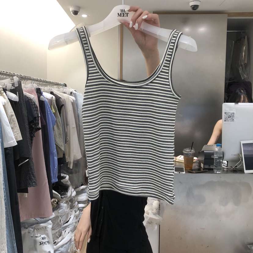 MEET ME韓國東大門代購女裝新品人氣吊帶背心無袖條紋羅紋MEET ME吊帶/背心