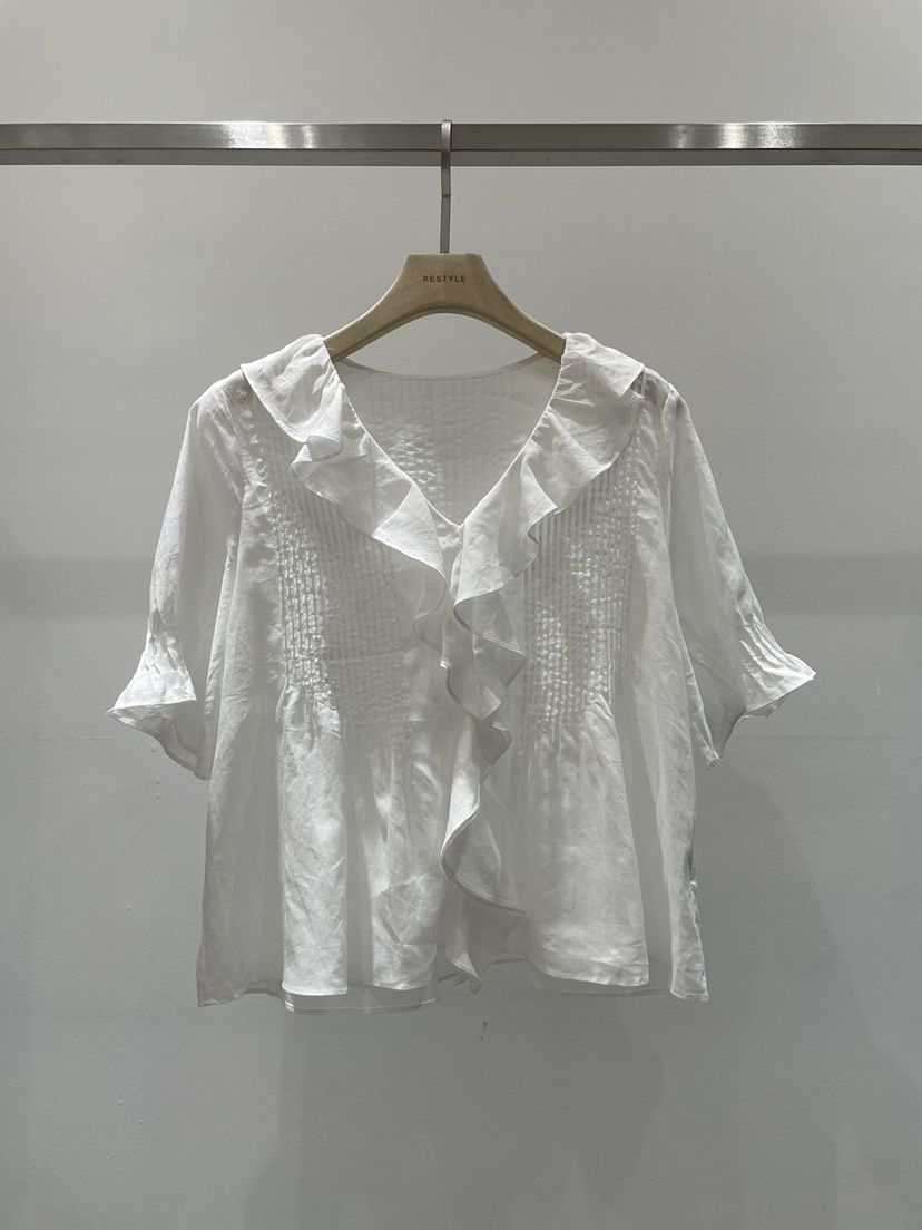 RE STYLE-Q韓國直郵女士新品熱賣26夏季襯衫蕾絲衫褶裥RE STYLE襯衫/蕾絲衫