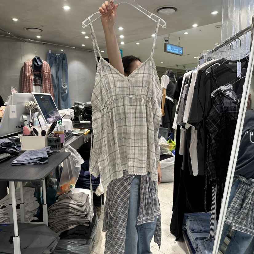 HERTZ-P韓國東大門代購女士新款休閑職業吊帶背心格子開衩HERTZ-P吊帶/背心