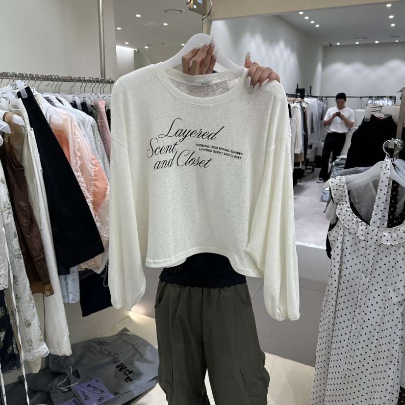 BENE韓國直郵女裝新品熱賣時尚人氣推薦長袖T恤亞麻布透明BENE長袖T恤