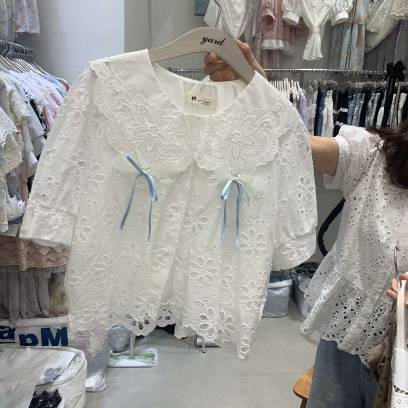 YARD韓國直郵實拍女裝新品休閑熱賣推薦襯衫蕾絲衫絲帶繡花YARD襯衫/蕾絲衫