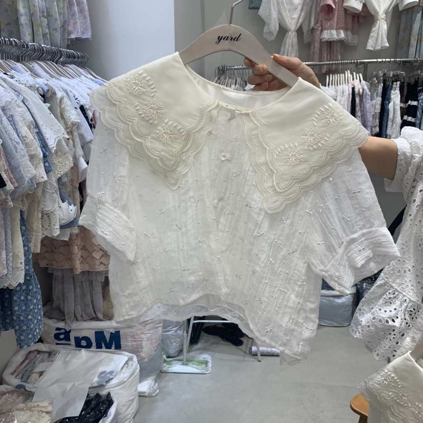 YARD韓國代購女士新款時尚熱賣休閑人氣襯衫蕾絲衫刺繡絲帶YARD襯衫/蕾絲衫