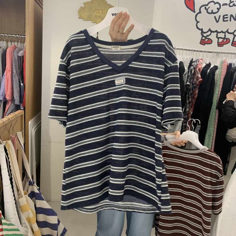 VENTI韓國直郵實拍女裝新品推薦人氣26夏季職業T恤V領亞麻VENTIT恤