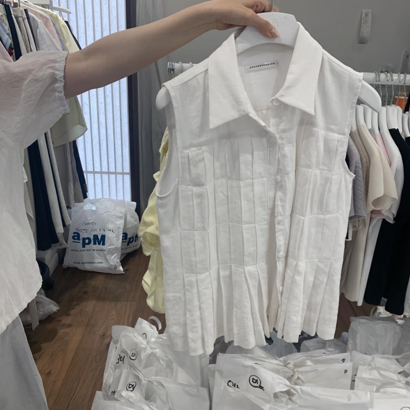 UNDERSTANDING東大門實拍韓國女裝新品推薦吊帶背心褶裥亞麻UNDERSTANDING吊帶/背心