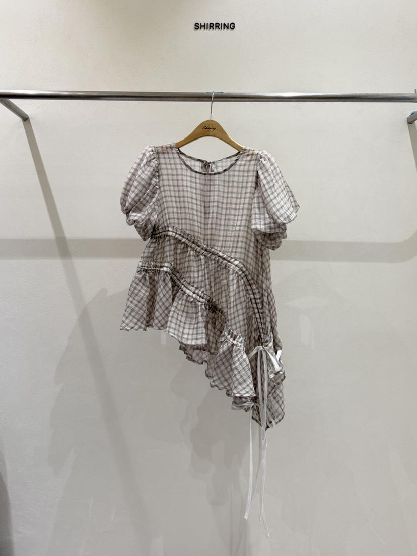 SHIRRING東大門實拍韓國女裝新品職業休閑襯衫蕾絲衫不對稱SHIRRING襯衫/蕾絲衫