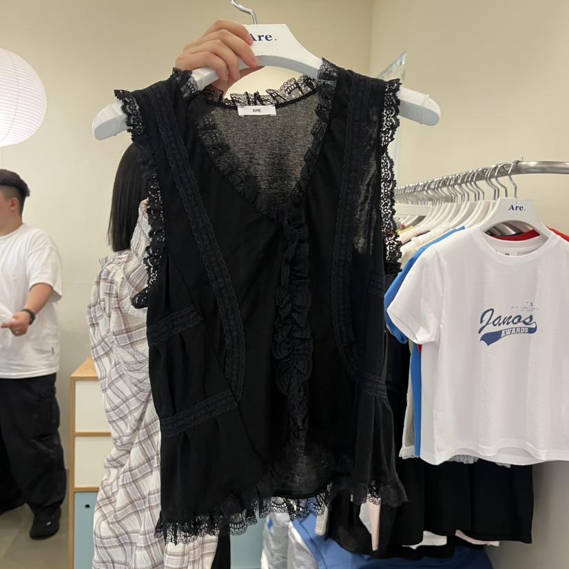 ARE韓國直郵女士新品熱賣26夏季休閑人氣吊帶背心蕾絲褶皺ARE YOU/ARE吊帶/背心