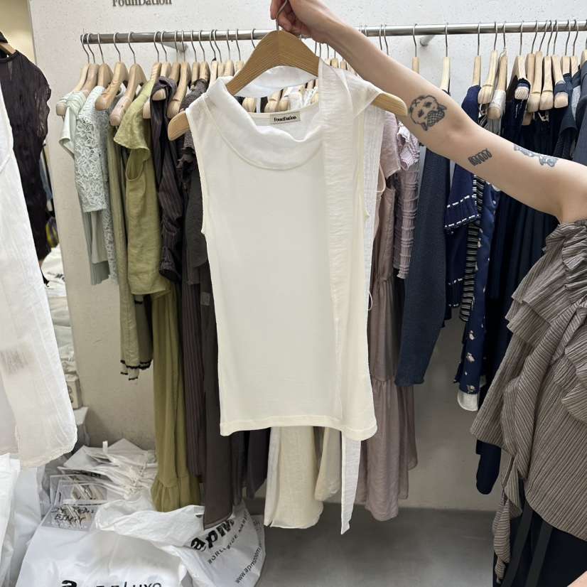 FOUNDATION韓國直郵實拍女士新品吊帶背心含圍巾系帶撞色無袖FOUNDATION吊帶/背心