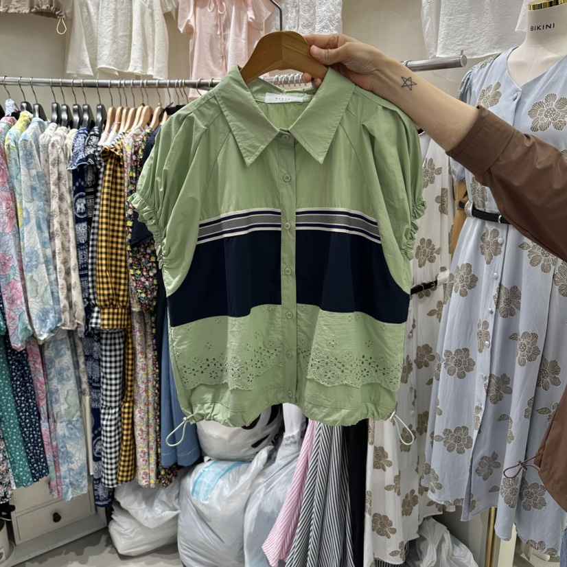 BIKINI韓國代購女士新款熱賣休閑26夏季時尚襯衫蕾絲衫條紋BIKINI襯衫/蕾絲衫